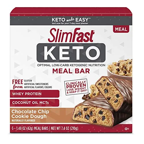 SlimFast Keto Meal Replacement Bar Pantry Friendly Chocolate Chip Cookie Dough, 5 Count