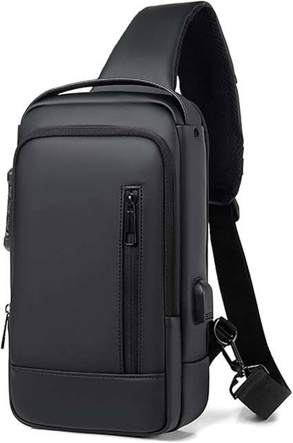 Sling Bag for Men | Anti-theft Crossbody USB PU Leather Shoulder Bag Chest Bag for Daily use Waterproof Lightweight One Strap Backpack, Black