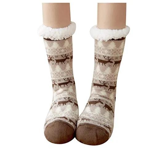 Slipper Socks Women Fleece Lining Fuzzy Winter Soft Warm Christmas Gift Knee Highs Socks With Grippers (Free, Coffee)