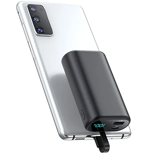 Small Portable Charger 10800mAh with Built-in USB-C Cable, Mini PD 3A Fast Phone Charging Power Bank,Ultra-Compact LCD Display External Battery Pack Compatible with Samsung Galaxy S22/S21,Note,Moto,LG