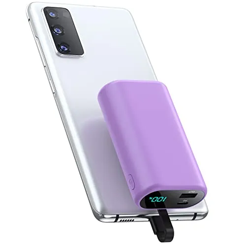 Small Portable Charger 10800mAh with Built-in USB-C Cable, Mini PD 3A Fast Charging Power Bank, Ultra-Compact LCD Display Battery Pack Compatible with Samsung Galaxy S22/S21/S10/S9,Note,Moto,LG-Purple