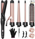 5 in 1 Curling Iron with Thermal Brush and 4 Interchangeable Ceramic Barrels(1/2 to 1 1/2 inch), Curling Wand Set with Flat Iron, Fast Heating, Dual Voltage Hair Curler, Gifts for Women