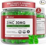 Zinc Gummies + Copper, Selenium, Vitamin C & D3, Fermented Zinc Supplements for Women and Men with Elderberry for Daily Immune Support, Powerful Antioxidant, High Absorption, Vegan, Sugar Free, 2 Pack