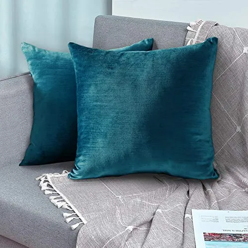 SMILETIME Bamboo Velvet Pillow Covers Set of 2 Square Throw Pillowcase Decorative Soft Solid Cushion Case for Christmas and Home Decor, Sofa, Couch and Bedroom (18 x 18 Inch, Slubbed Peacock Blue)