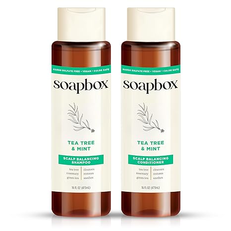 Soapbox Tea Tree Shampoo and Conditioner Set, Scalp Balancing with Tea Tree Oil, Jojoba Oil, Aloe and Shea Butter to Clean and Purify for All Hair Types, 16 Ounces Each (Pack of 2)