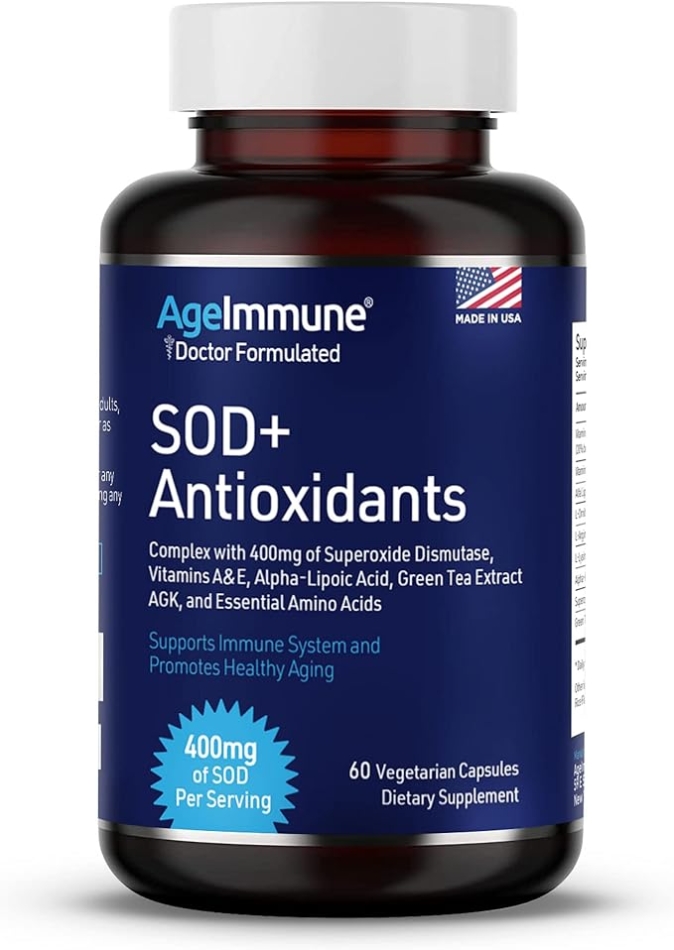 SOD Antioxidants Complex Healthy Aging Supplement - 400mg of Superoxide Dismutase - Alpha Lipoic Acid - L-Arginine -Lysine - AKG - Vitamin A - Vitamin E for Immune Support-60 Capsules
