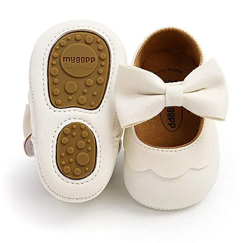 SOFMUO Baby Girls Mary Jane Flats Non-Slip Soft Rubber Sole Bowknot Infant Sneakers Toddler Princess Dress Walking Shoes(A01/White,0-6 Months)