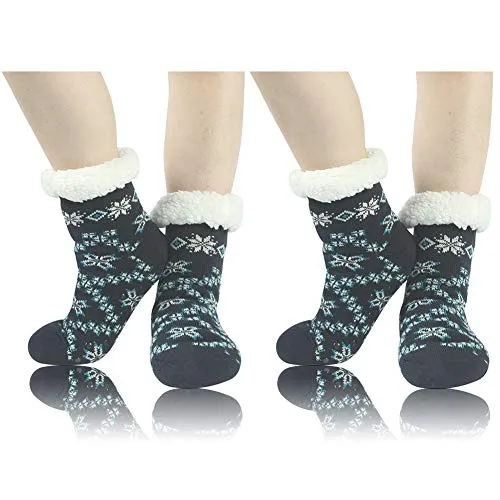 Soft Slipper Socks, Sunew Women's Thick Knit Sherpa Fleece Lined Thermal Fuzzy Slipper Socks With Grippers, Plaid Non-Skid Slipper Home Sleeping Winter Warm Christmas Socks, One Size 2 Pairs