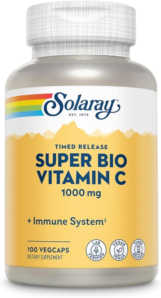 Solaray Super Bio Buffered Vitamin C 1000mg, Two-Stage, Timed Release Vitamin C with Bioflavonoids, Immune Support Supplement - High Absorption, Vegan, 60 Day Guarantee, 50 Servings, 100 VegCaps