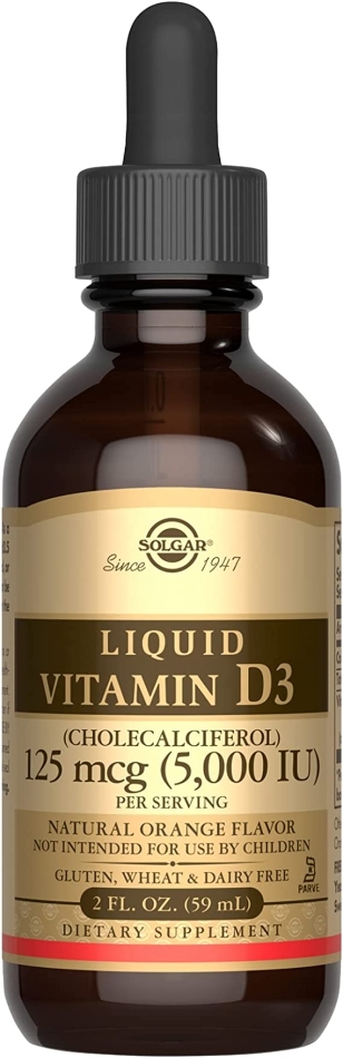 Solgar Liquid Vitamin D3 125 mcg (5,000 IU), 2 fl oz - Delicious, Natural Orange Flavor - Helps Maintain Healthy Bones & Teeth - Immune System Support - Gluten Free, Dairy Free, Kosher - 59 Servings