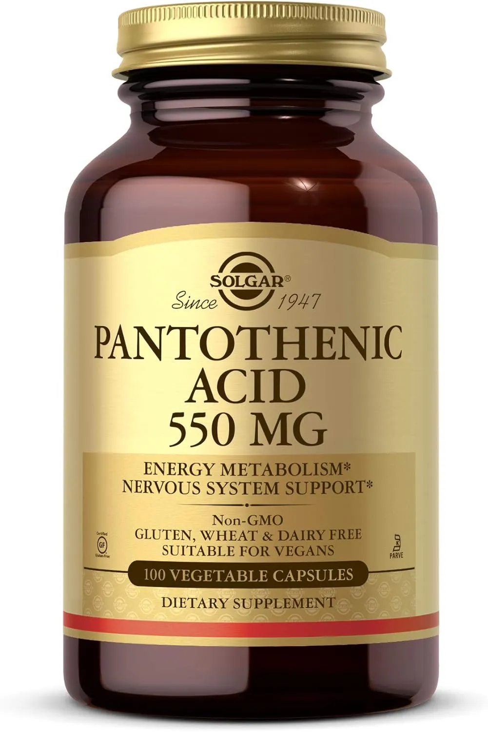 Solgar Pantothenic Acid 550 mg Vegetable Capsules Vitamin B5 Energy Metabolism Nervous System Support Gluten Free Dairy Free Kosher Servings, Standard Packaging, 100 Count