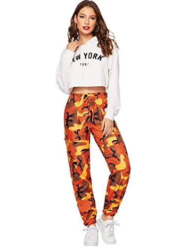 SOLY HUX Women's Casual Camo Pants Pocket Color Block Elastic Mid Belt Waist Cargo Pants M