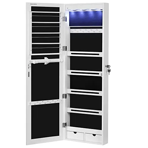 SONGMICS LED Jewelry Cabinet, Lockable Door-Mounted Jewelry Organizer with Full-Length Mirror, Drawers, Shelves, Jewelry Armoire, Gift Idea, White UJJC88W