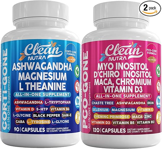 Soothe & Smooth Bundle | Cortisol Hormone Support | Myo-Inositol Multivitamin Maca Chromium Vitamin D3 Ashwagandha Magnesium L Theanine L-Tryptophan Iron Vitamin B12 5-HTP Zinc PCOS By Clean Nutra (2)