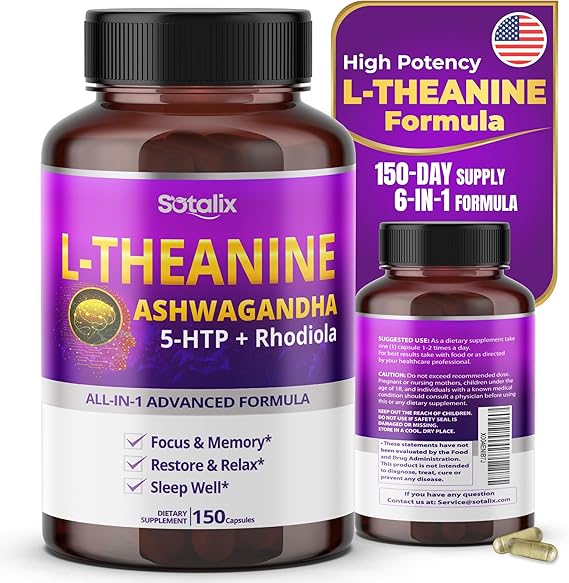 Sotalix L-Theanine Supplement with Ashwagandha 5-HTP + Rhodiola - Focus & Memory, Restore & Relax, Sleep Quality - USA Made & Tested (150 Count (Pack of 1))