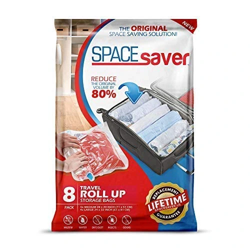 Spacesaver Premium Travel Roll-Up Storage Bags with Double-Zip Seal and Triple-Seal Turbo Valve, Get 80% More Storage - Space Saver Bags for Travel - Compression Bags for Travel (Travel 8 Pack)