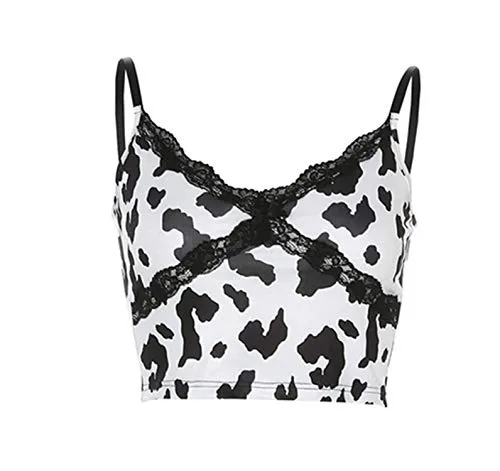Spaghetti Strap Top Sleeveless 90s Crop Top Tee Frill Y2k Sexy Cami Top Summer Streetwear 2020 (Cow Print, S)