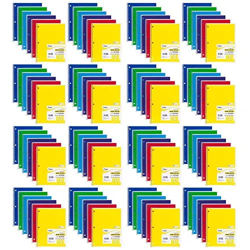 Spiral Notebook, Wide Ruled, 1 Subject, 70 Sheets, 8 x 10.5 Inches, Assorted Colors Pack of 96