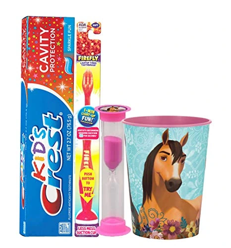 Spirit Riding Free 4pc Bright Smile Oral Hygiene Bundle. Light Up Toothbrush, Toothpaste, Brushing Timer & Mouthwash Rise Cup. Plus Dental Gift Bag & Tooth Saver Necklace