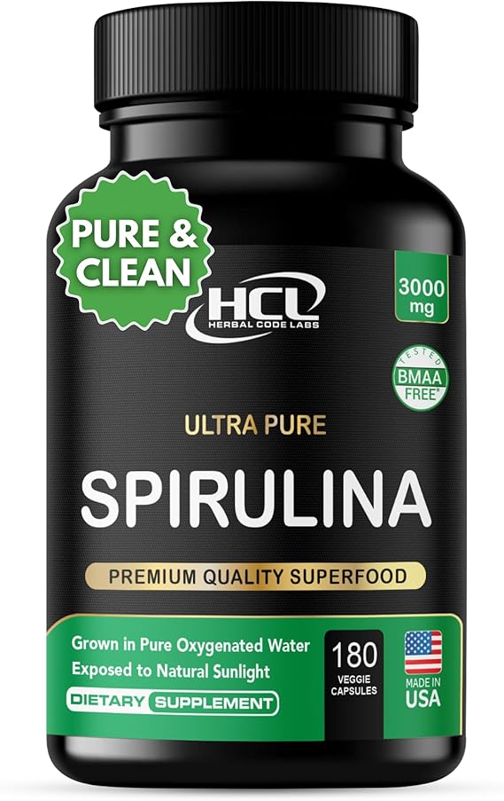 Spirulina Powder Capsules 3000 mg - Purest Non-Irradiated Blue Green Algae - Best Raw Vegan Protein - Green Superfood - Natural Multivitamins  180 Pills Made in The USA