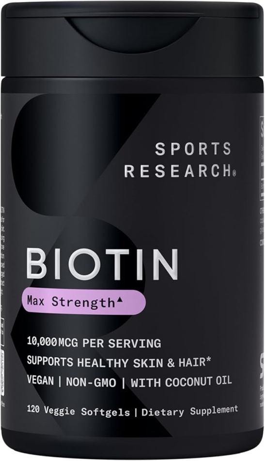 Sports Research Biotin 10,000mcg with Organic Coconut Oil - Biotin (Vitamin B7) for Healthy Skin and Hair Support* - for Women and Men - Vegan, Non-GMO, Gluten & Soy-Free - 120 Veggie Softgels