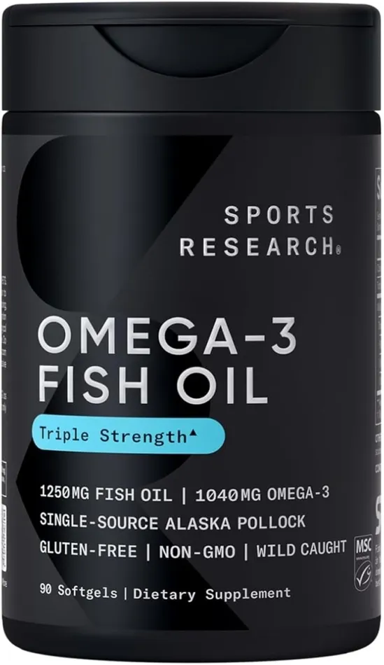 Sports Research Triple Strength Omega 3 Fish Oil - Burpless Fish Oil Supplement w/EPA & DHA Fatty Acids from Single-Source Wild Alaskan Pollock - 1250 mg, 90 ct