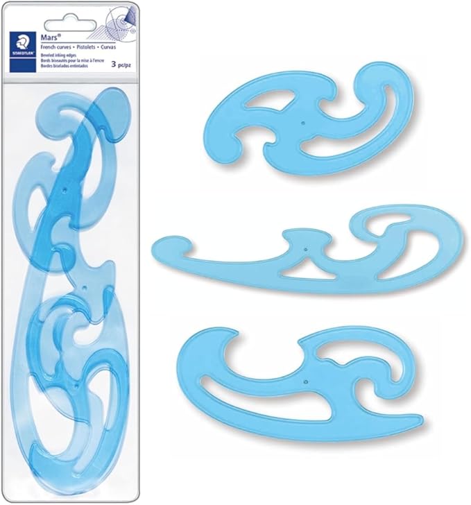 STAEDTLER Mars Professional French Curve Design Ruler Set for Pattern Making, 3 Essential A B C Shapes, Blue Transparent Plastic with Inking Edge