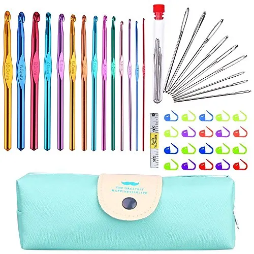 StaiBC Multicolor Aluminum Crochet Hooks Set, Knitting Needles Craft Yarn Plus Large-Eye Blunt Needles Yarn Knitting with Case, USA Standard Sizes 2.0-10.0mms