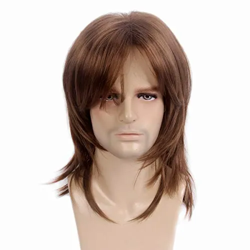 STfantasy Mens Wig Male Guy Mid Length Layered Party Brown Hair Toupee Halloween Fluffy Straight
