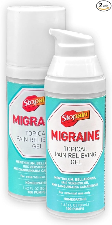 Stopain Migraine Pain Relief Gel Pump, 1.62oz (2 Pack), USA Made, Max Strength Fast Acting Research Proven Effective Topical, No Known Side Effects or Drug Interactions, HSA FSA Approved Products