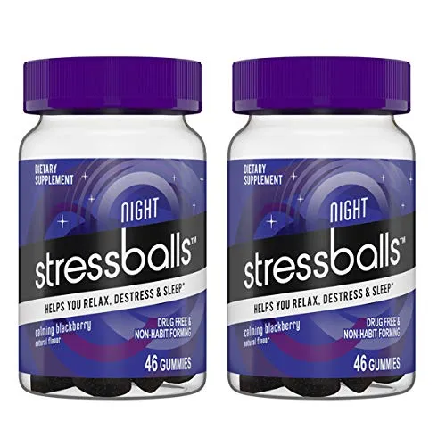 Stressballs Night Sleep Vitamins Gummy! 46 Gummies BlackBerry Flavor! Formulated with Melatonin, Ashwagandha and Chamomile! Helps You Relax, Destress and Sleep! Choose Your Pack! (2 Pack)