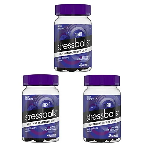 Stressballs Night Sleep Vitamins Gummy! 46 Gummies BlackBerry Flavor! Formulated with Melatonin, Ashwagandha and Chamomile! Helps You Relax, Destress and Sleep! Choose Your Pack! (3 Pack)