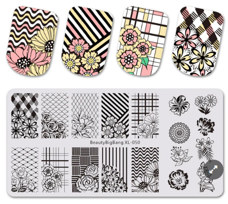 Stripe Flower Theme Rectangle Nail Stamping Plate Rose Design Nail Art Tool BBBXL-050