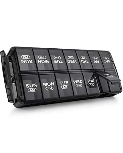 Sukuos Quick-Fill Pill Organizer 2 Times A Day,2020 Version Am Pm Large Weekly 7 Day Pill Case for Pills/Vitamin/Fish Oil/Supplements(E-393) (Black)