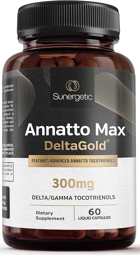 Sunergetic Premium Annatto Tocotrienol Supplement  with DeltaGold  Tocotrienols Vitamin E 300 mg  Supports Liver, Immune & Heart Health - Delta + Gamma Tocotrienols (60 Liquid Capsules)