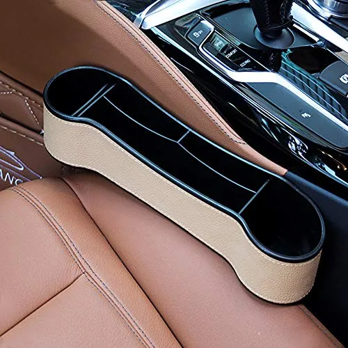 SUNMORN Car Seat Organizer, Front Seat Gap Filler, Multifunctional with Small Storage Box, Premium PU Leather, Suitable for Most Car (Beige)