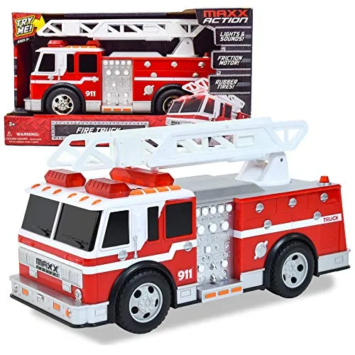 Sunny Days Entertainment Maxx Action Large Fire Truck â Lights and Sounds Vehicle with Extendable Ladder | Motorized Drive and Soft Grip Tires | Firetruck Toys for Kids 3-8