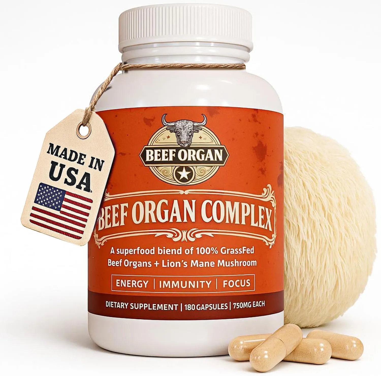 Superfood Blend Grass Fed Beef Organ Supplement for Men & Women 180 Capsules 30-Day Supply - 5 Beef Organ & 3 More Ingredients - Pasture Raised Organ Complex - Support Immunity & Focus