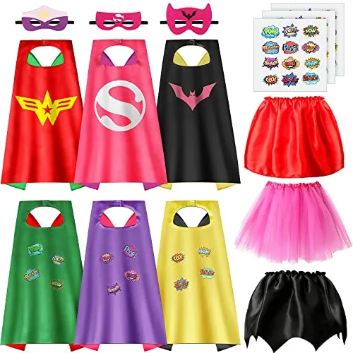 Superhero Capes for Girls, Kids Superhero Costumes and Masks, Girls Cosplay Halloween Dress Up Costumes Set with Superhero Stickers and Superhero Skirts, Girls Birthday Christmas Party Gifts