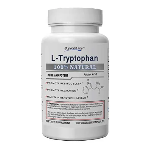 Superior Labs  Pure L-Tryptophan  500mg, 120 Vegetable Capsules Non-GMO Dietary Supplement Restful Sleep & Relaxation Maintains Serotonin Levels Helps Improve Circulation & Reduce Stress.