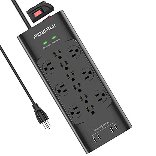 Surge Protector(4000 Joules), POWRUI Power Strip with 12-Outlet and 5 USB Ports(5V/6A, 30W) and 6-Foot(1875W/15A) Heavy Duty Extension Cord, ETL Listed, Black