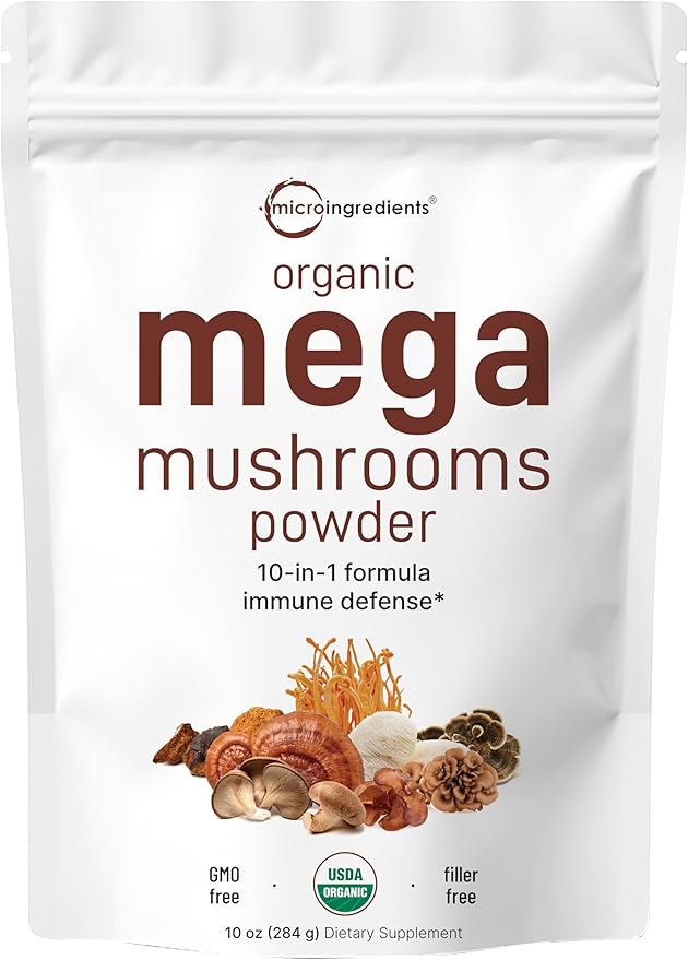 Sustainably US Grown, USDA Organic Mega 10 Mushroom Complex Powder for Immune System Booster, 10 Ounce (284 Grams), Chaga, Lions Mane, Turkey Tail, Cordyceps, Reishi Mushroom & More, Vegan