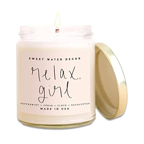 Sweet Water Decor, Relax Girl, Peppermint, Cedar, Clove, and Eucalyptus Scented Soy Wax Candle for Home | 9oz Clear Jar, 40 Hour Burn Time, Made in the USA