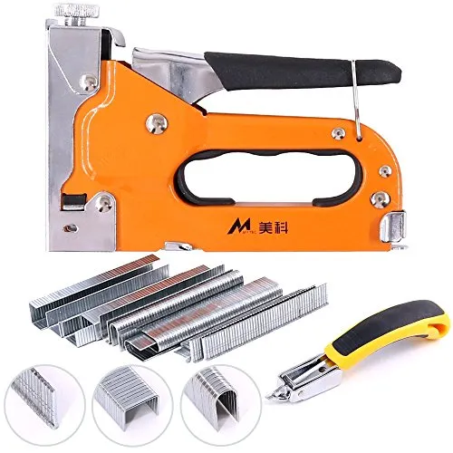 Swpeet 3-in-1 Staple Gun Kit with Staple Remover and 500Pcs Staples Selection Pack Kit?Hand Operated Carbon Steel Gun Tacker Tool for Upholstery, Fixing Material, Decoration, Carpentry, Furniture