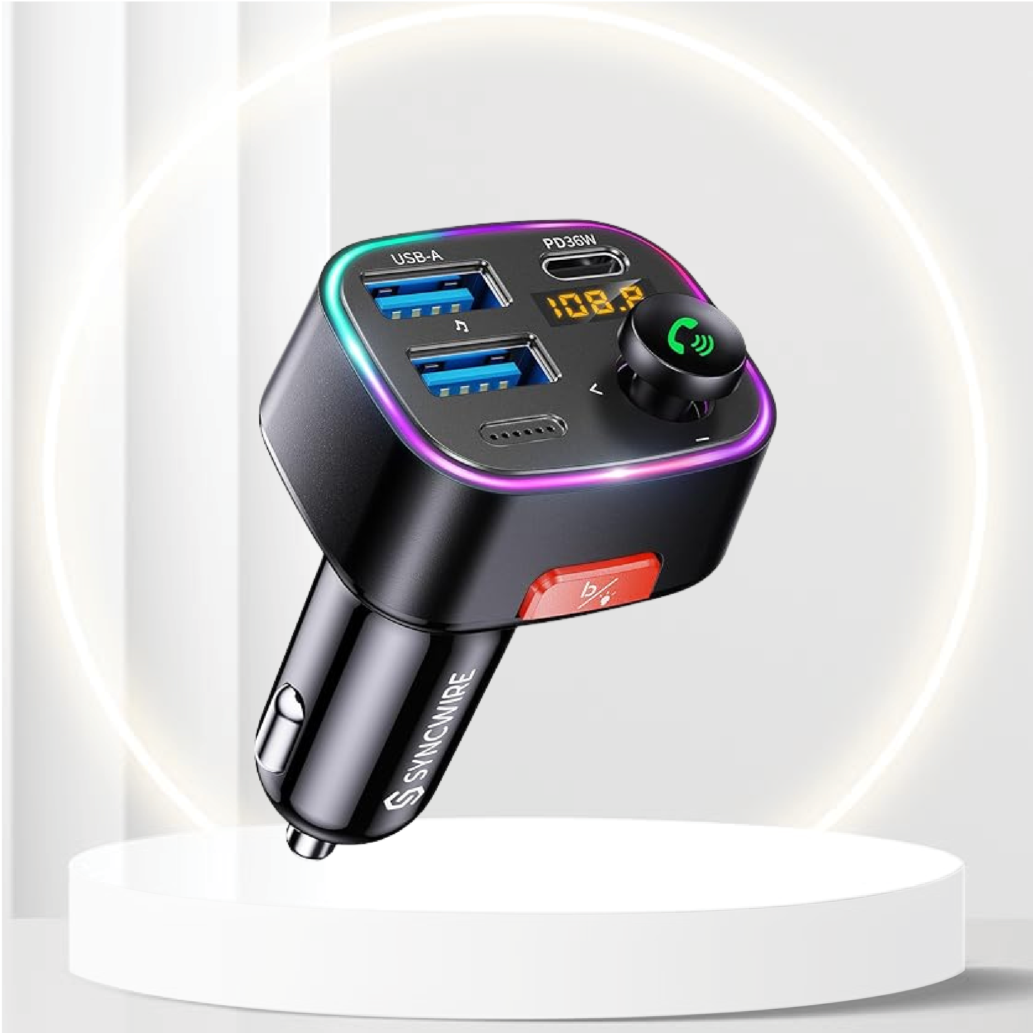 Syncwire Bluetooth 5.3 FM Transmitter Car Adapter 48W (PD 36W & 12W) [Light Switch] [HiFi Bass Sound] [Fast Charging] Wireless Radio Music Adapter LED Display Hands-Free Calling Support USB Drive