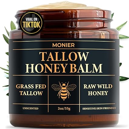 Tallow and Honey Balm for Face, Beef Tallow for Skin, Moisturizer with 100% Organic Grass-Fed Beef Tallow & Raw Wild Honey - Natural Formula for Dry & Sensitive Skin (Unscented)