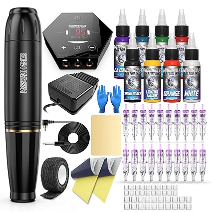 Tattoo Kit, Wormhole Tattoo Pen Kit Cartridge Tattoo Machine Kit for Beginners Rotary Tattoo Machine Pen Kit Tattoo Pen Type Machine Kit Professional Complete Tattoo Kit Tattoo Supplies WTK070