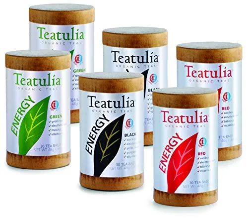 Teatulia Energy Tea Variety Pack (Rooibos Red Tea, Black Tea, and Green Tea Energy) 180 Caffeinated & Decaf Naturally Energizing Tea Bags ï¿½ Assorted Eco-Friendly Tea Gift (6 Cans)