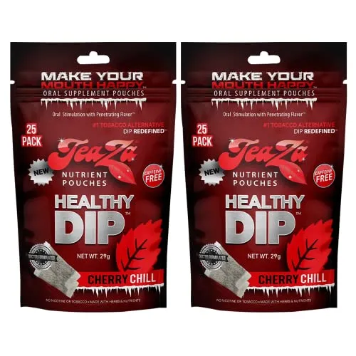 Teaza Herbal Energy Pouches, Tobacco Alternative Nicotine Free, Smokeless Alternative Snuff and Healthy Dip, Tobacco Free Chew Premium Flavored | Cherry Chill | 2 x 25 Pouch Pack