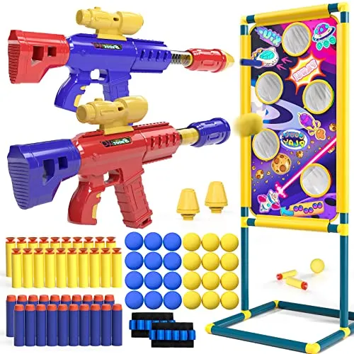 TEMI 2 in 1 Shooting Game Toy for Kids, 2pk Foam Ball Popper Air Guns with Shooting Target, 24 Foam Balls, 40 Foam Darts, Indoor and Outdoor Toys for Kids Ages 4 5 6 7 8 9 10+ Years Old Boys, Girls